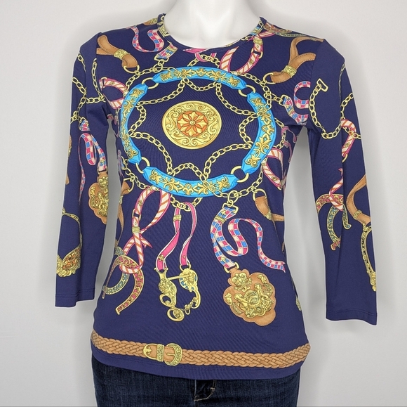 J McLaughlin Blue Yellow 3/4 Sleeve Top XS - Picture 1 of 9